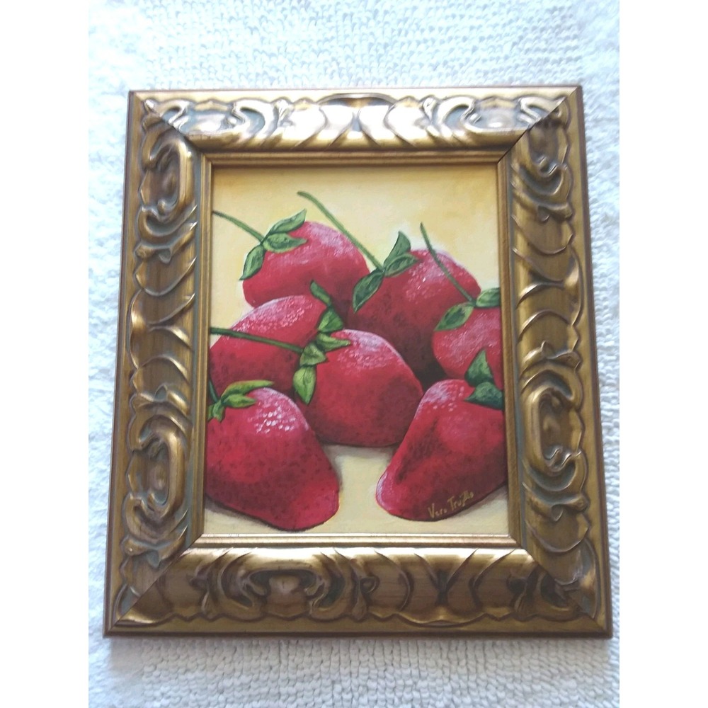 Original Framed Art Strawberry Still Life Painting Signed Vero Trujillo 15x13